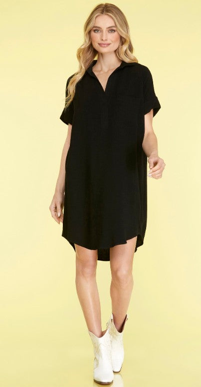 Short Sleeve Front Pocket Detail Woven Dress