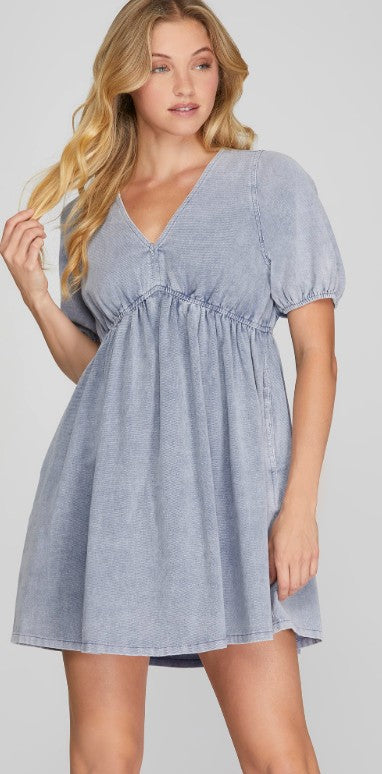 Short Sleeve Elastic waist washed v neck with side pockets
