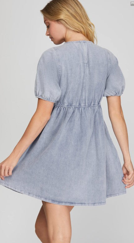 Short Sleeve Elastic waist washed v neck with side pockets