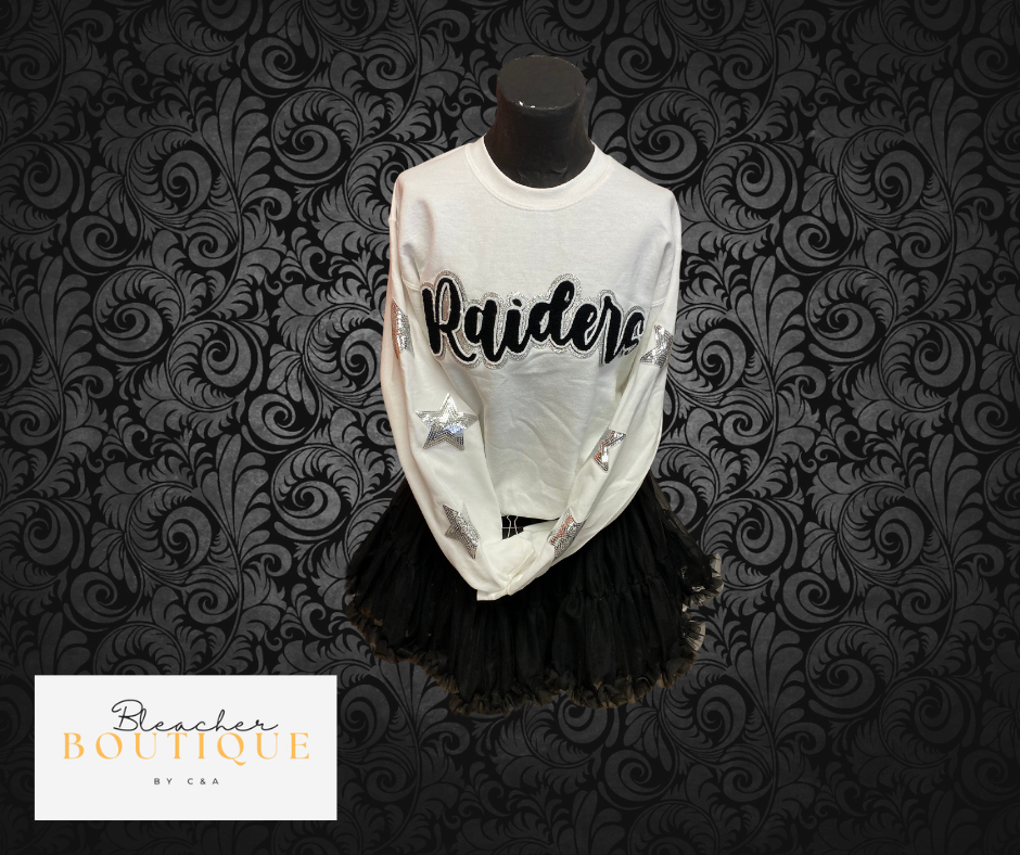 White Sweatshirt Glittery Silver Star On Sleeve Chenille Raiders