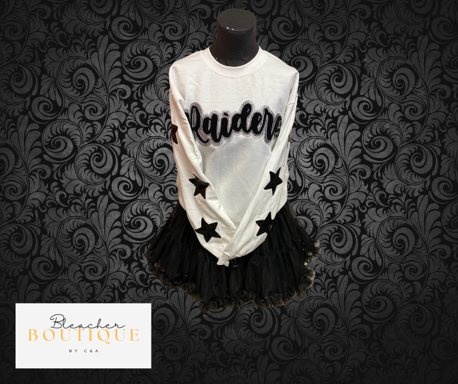 White Sweatshirt Glittery Black Star On Sleeve Chenille Raiders