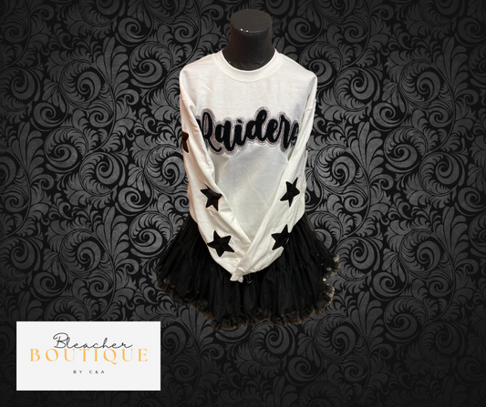 White Sweatshirt Glittery Black Star On Sleeve Chenille Raiders